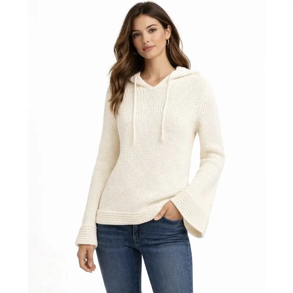 Vintage Y2K GAP Ivory Cotton Fisherman Sweater M Hooded Cable Knit Bell Sleeve
